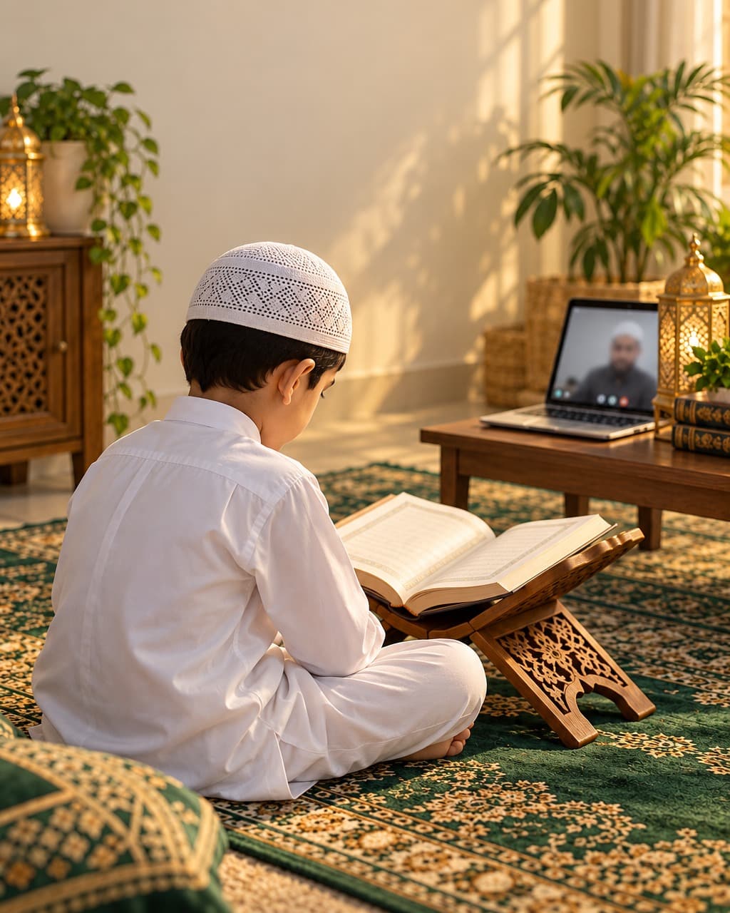 A boy in a white kufi sitting cross-legged at home, reading the Quran on a wooden rehal, with his teacher on a laptop video call beside him