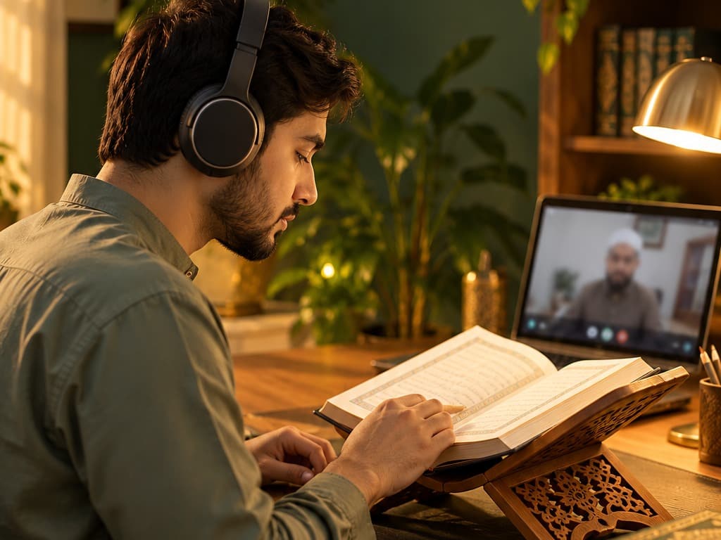 A young man wearing headphones, reciting from a Quran on a wooden rehal during an evening online lesson