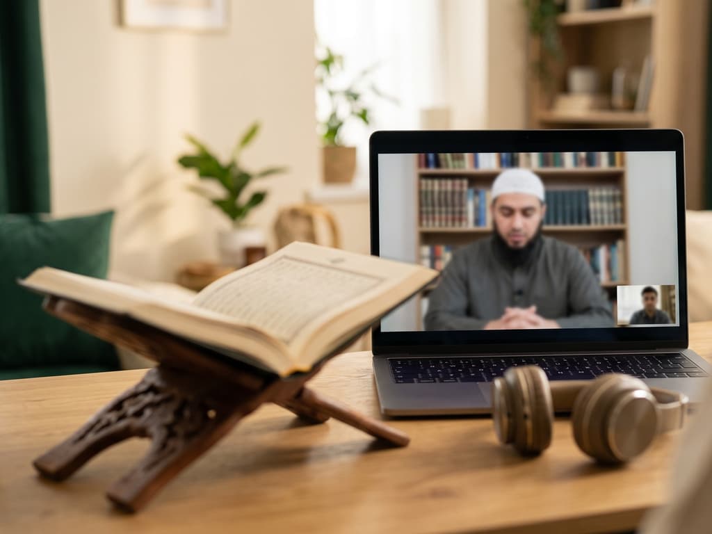 A Quran open on a wooden rehal beside a laptop showing the teacher on a video call, with headphones on the desk